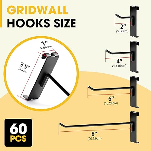 Gridwall Hooks 4 Inch, 60 Pack Metal Display Hooks for Grid Wall, Hanging Hooks for Grid Wall Panels, Black Grid Wall Accessory for Clothes, Home Setup, Retail Display- Gridwall Peg Hooks - Poueer
