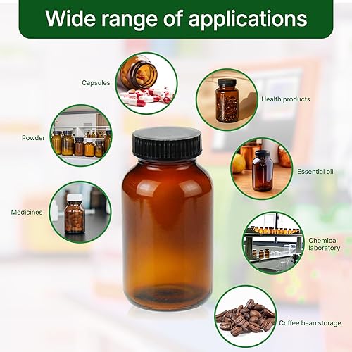 200 ml(6.7 OZ) Amber Glass Wide Mouth Packer Bottle with Black Ribbed Cap, Pack of 24 bottle - Poueer