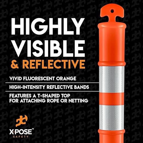 Xpose Safety 45' Blue Delineator Posts with Base, 3-Pack – Ring Top, 10' Reflective Band, 13 lb Rubber Base – Traffic, Parking, Construction, Events - Poueer