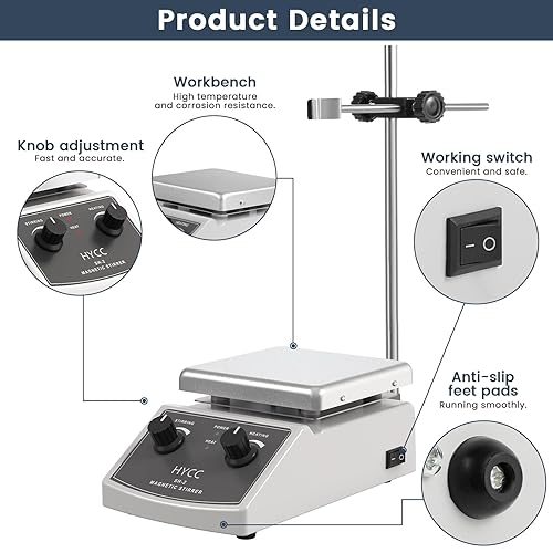 HYCC Magnetic Stirrer Hot Plate Max 520℉, 100-2000RPM Hot Plate with Magnetic Stirrer, 2000mL Magnetic Hotplate Stirrer, Magnetic Stirrer w/Thermometer, Magnetic Stir Bar, Stir Bar Retriever - Poueer