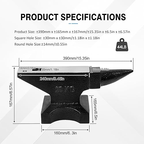 Heavy Duty Cast Steel Anvil with Round/Square Hole Large Countertop 88lb Horn Anvil Blacksmithing Metalsmith Tool Kit Stand Included - Poueer