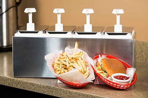 Carlisle FoodService Products Condiment Rail Condiment Center with 4 Standard Pumps for Gas Stations, Restaurants, and Fast Food Stainless Steel, 19.25 X 7.75 X 12.5 Inches, Silver - Poueer