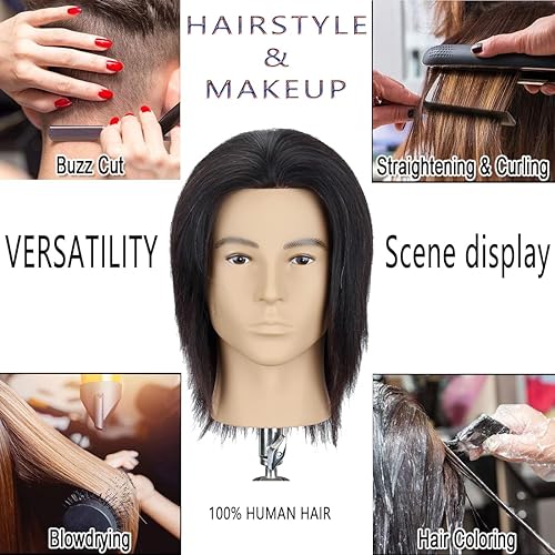 HAIRWAY Male Mannequin Head Human Hair 8 Inch Hairdresser Practice Mannequin Head with 100% Real Human Hair Cosmetology Styling Training Manikin Doll Head with Table Stand Clamp (Natural Black) - Poueer