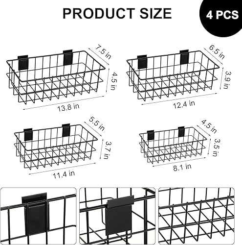 94 Pcs Slatwall Accessory 4 Metal Slatwall Baskets 90 Slatwall Hooks 4'' 6'' 8'' Slat Wall Hooks Hanging Storage Baskets for Shops Rooms Garage Storage Display Slatwall Panels(Black) - Poueer