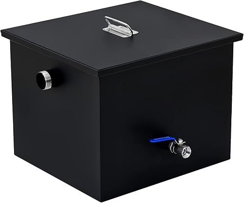 Commercial Grease Interceptor, 14 LBS Capacity, Under Sink Grease Trap with 7 GPM Flow Rate, Coated Carbon Steel Grease Interceptor with Side Water Inlet, for Restaurant Factory Kitchen, Black - Poueer