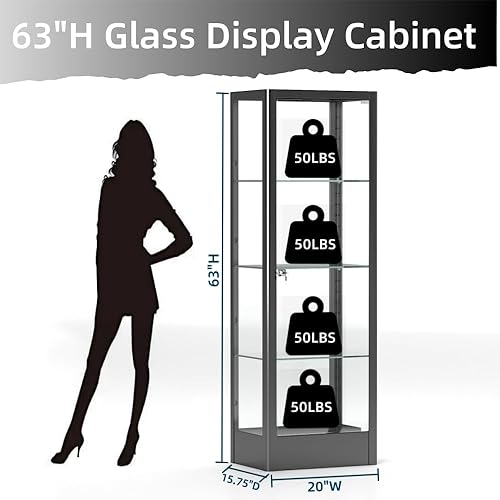 4-Tier Tempered Glass Display Shelf, Showcase with Lock, Glass Cabinets Collection Display Case, Display Case Cabinet for Living Room, Bedroom, Curio Cabinets,20' W*15.75' D*63' H, Black - Poueer