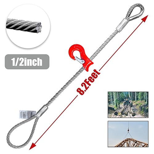 Single Leg Wire Rope Sling, 2.5T Vertical Rated Capacity 8.2FT, 1/2' Flemish Eye Loop Sliding Choker with Heavy Duty Thimble, Heavy Duty Rigging Cable for Lifting Towing Pulling - Poueer