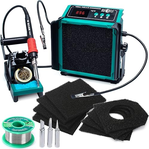 YIHUA 948DQ-III 2-IN-1 Solder Fume Extractor Fan 110W Soldering Station Kit Smoke Absorber Tiltable Angle Temp Display w Helping Hands Iron Holder Extra 3 Iron Tips 8 Filters 35g Lead-Free Solder Wire - Poueer