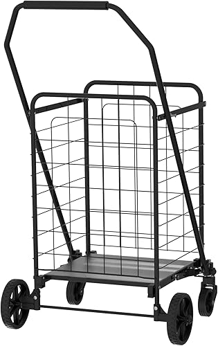 Shopping Cart with Shelf,Grocery Cart on Wheels, Foldable Utility Shopping Carts with Double Basket and 360° Rolling Swivel Wheels for Groceries Laundry - Poueer