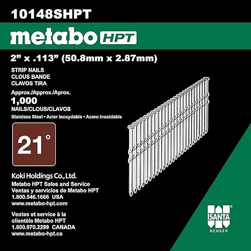 Metabo HPT Framing Nails, 2' x .113, Stainless Steel, RS, Ss, Rh, Full Round Head, Plastic Strip, 1000 Count (10148SHPT) - Poueer
