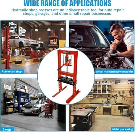 6 Ton Hydraulic Press, H-Frame Garage Floor Adjustable Shop Press with Built-in Relief Valve Pressure Gauge, Hydraulic Shop Press to Bend Straighten Press Parts Install Bearings U-Joints, Red - Poueer