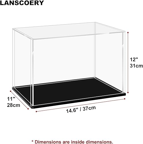 LANSCOERY Acrylic Display Case, Assemble Showcase Display Box for Collectibles, with Dustproof & Seamless Display Design, 15.7x9.8x13.8inch Thick Black Base - Poueer
