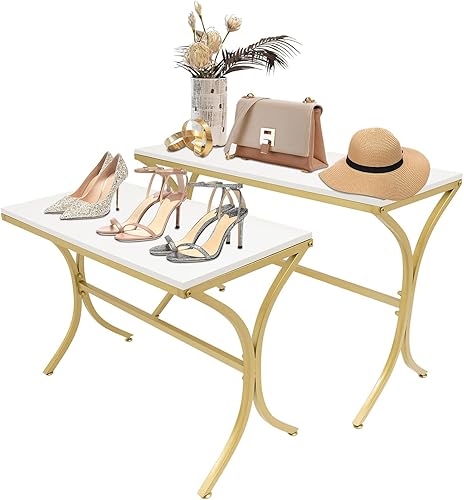 Retail Display Table, Metal Shoe Handbag Display Stand, Nesting Tables 2 Piece Set, Display Riser Shelf for Retail Stores Clothing Studios Home - Gold - Poueer