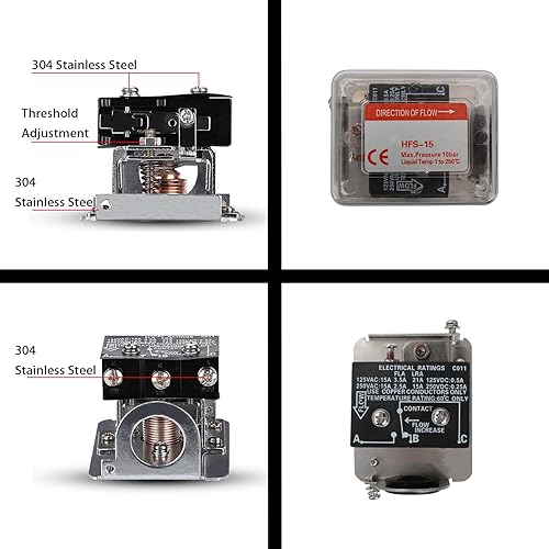 Oil Water Flow Control Switch, AC 15-250V 1/2''/DN15 Adjustable Automatic Water Pressure Sensor with 3 Paddles & SPDT Output - Poueer