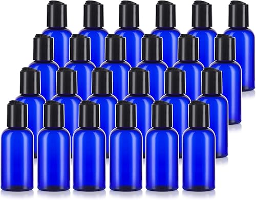 JUVITUS Cobalt Blue 2 oz Boston Round PET Bottles (BPA Free) with Black Disc Cap Dispenser (24 Pack) - Poueer