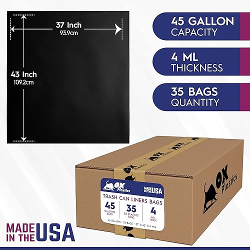 Trash Can Liners Bags - Gallon Capacity & Thick Extra Heavy Duty Strength - Large Garbage, Leak-Proof & Durable, House & Commercial Use (35) Bags - Black (4 mil, 45-50 Gallon) - Poueer