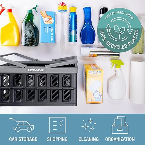 CleverMade Collapsible Shopping Basket, Ocean, 3PK - 24L (6 Gal) Reusable Plastic Grocery Shopping Baskets, Holds 25lbs Per Basket - Small Foldable Storage Crates with Handles - Poueer