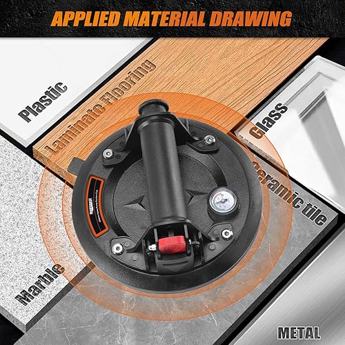 8' Heavy Duty Suction Cups with Pressure Gauge, Glass Suction Cups to Lift Large Glass, 2 Pack 880 lbs Load Capacity, Suction Cups with Carrying Case for Window,Tiles, Windshield - Poueer