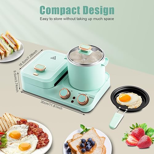 3in1 Breakfast Station, Household Electric Breakfast Maker, Electric Mini Toaster Bread Breakfast Machine Sandwich Maker, Breakfast Sandwich Maker with Frying Pan&Boiling Pot, Food Steamer - Poueer