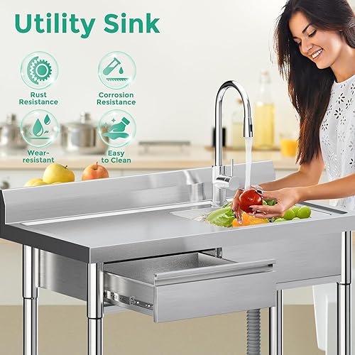 Stainless Steel Utility Sink,Freestanding Kitchen Commercial Sink,with Hot and Cold Water Pipes and Drawers,for Indoor and Outdoor Use,39.4×19.7×35.4inch - Poueer