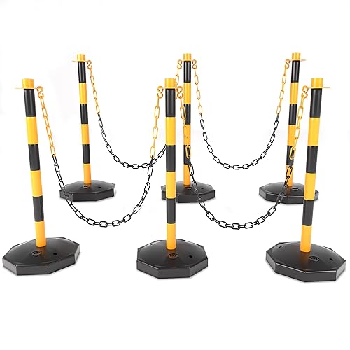 6 Pack Traffic Delineator Post Cone with Fillable Base, Crowd Control Barricade, Safety Cones, Adjustable Delineator Post Traffic Cones with 5.4FT Chain Outdoor and Indoor (Yellow+Black) - Poueer