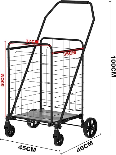 Shopping Cart with Shelf,Grocery Cart on Wheels, Foldable Utility Shopping Carts with Double Basket and 360° Rolling Swivel Wheels for Groceries Laundry - Poueer