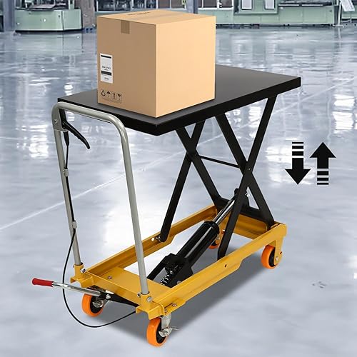 Hydraulic Lift Table 770lbs Capacity Double Scissor Lift Table with 4 Wheels Manual Hydraulic Table Cart Hydraulic Material Lift Pallet Truck for Factories, Warehouses Supermarkets - Poueer