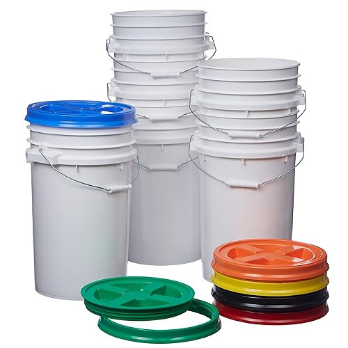 Consolidated Plastics 7 Gallon Food Grade Buckets with Assorted Gamma Lids (6 Pack) BPA Free Container Storage, Durable HDPE Pails, Made in USA (Natural) - Poueer