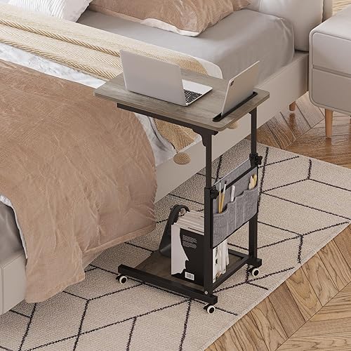 Over The Bed Table with Wheels Rolling Cart Tilting Sofa Laptop Stands Hospital Tray Medical OverbedTables-Black - Poueer