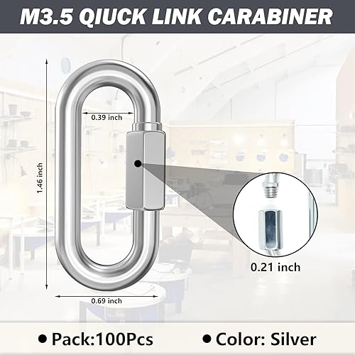 100-Pack 1/4 Inch Quick Links, 2.3 Inch Locking Carabiners, Heavy Duty Chain Connectors for Tires, Gym Equipment, Camping Ropes, Trailer Hitches, and DIY Projects – Galvanized D-Shaped Links - Poueer