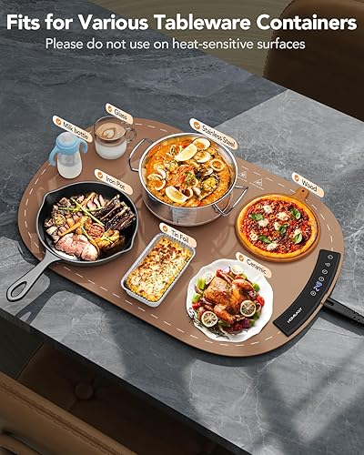 Food Warming Mat, Electric Warming Trays for Buffet & Party Rollable Food Warmers Silicone Heating Mat with 9 Temperature Setting 23.1'x15.9' (Brown) - Poueer