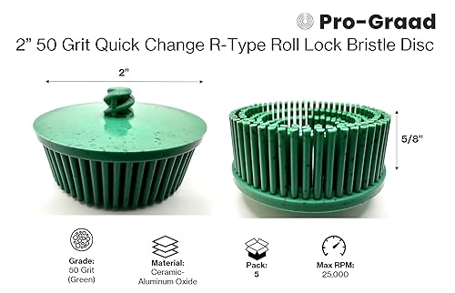 5 Pack 2' 50 Grit Green R-Type Bristle Disc | Ceramic-Aluminum Oxide Abrasive Bristle Disc with Quick Change Roll Lock | Compatible with Roloc Holders | Pack of 5 | Green - Poueer