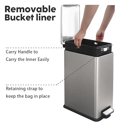 12 Gallon Trash Can, Stainless Steel Trash Can with Fingerprint-Resistant, Removal Inner Buck &Soft Close Plastic Lid, Step Garbage Can for Kitchen and Office, 45 Liter Capacity - Poueer