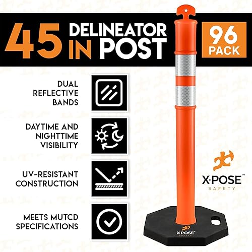 Xpose Safety 45' Blue Delineator Posts with Base, 3-Pack – Ring Top, 10' Reflective Band, 13 lb Rubber Base – Traffic, Parking, Construction, Events - Poueer