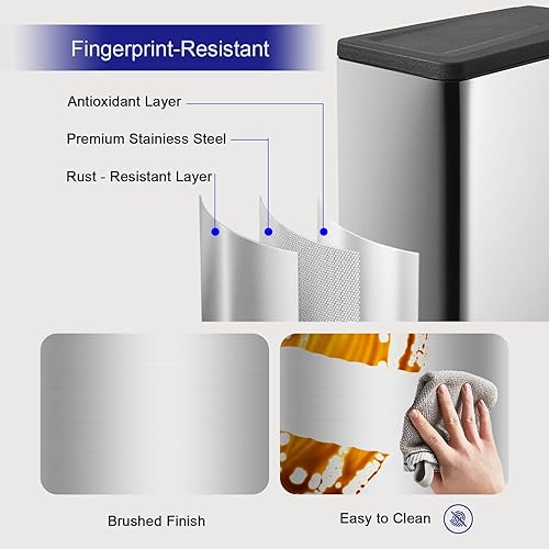 12 Gallon Trash Can, Stainless Steel Trash Can with Fingerprint-Resistant, Removal Inner Buck &Soft Close Plastic Lid, Step Garbage Can for Kitchen and Office, 45 Liter Capacity - Poueer