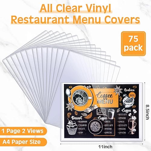 75 Pack Menu Covers 8.5 x 11 Inch Double Sided 2 View Restaurant Menu Holder All Clear Vinyl Menu Sleeves A4 Sheet Protectors for Restaurant Bar Cafe - Poueer