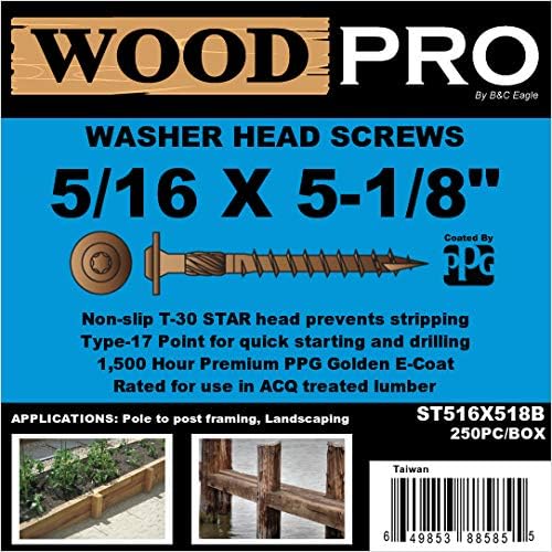 ST516X518B 5/16-Inch by 5-1/8-Inch Length Round Washer Head Exterior Wood Screws, 250-Pack - Poueer