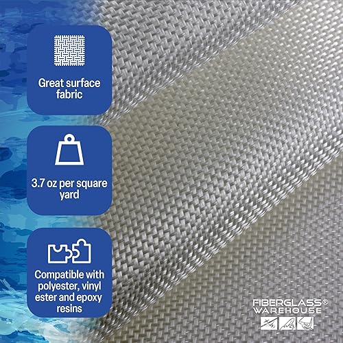 Fiberglass Warehouse 4 oz Fiberglass Cloth - 50' Wide x 10 Yards Long, Ideal for Automotive, Boat, Pool, Surfboard Repairs, General Use - High Strength, Easy to Cut, UV Resistant - Poueer