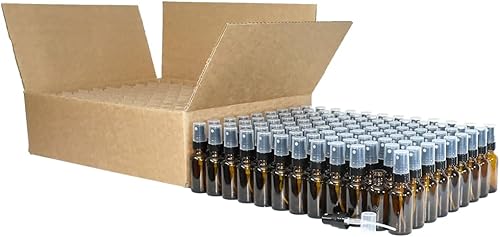 GlassBottleOutlet (Pack of 108) 1 oz. Amber Boston Round with Black Fine-Mist Sprayer - Poueer
