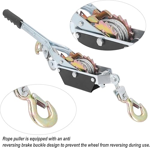 Power Cable Puller Rope Puller 2T with 2 Hooks Steel Cable, Gear Power Ratchet Automotive Hoist Cable Puller Construction Site Winch Power Puller Solid A3 Steel - Poueer