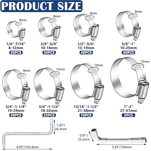 200PCS Hose Clamp Assortment 304 Stainless Steel Hose Clamp Kit,Adjustable 1/4'-2'(6-51mm) Worm Gear Hose Clamps Heavy Duty for Automotive,Radiator Pipe,Plumbing,Fuel Line - Poueer