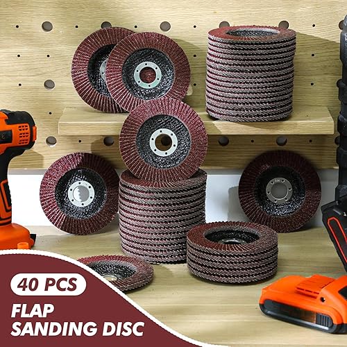 Landhoow 40 Pack Flap Discs 4 1/2 Inch for Angle Grinder 4.5 x 7/8 Inch Aluminum Oxide Sanding Grinding Wheels Grinding Discs Abrasives Flapper Wheel for Wood Metal Sanding (40, 60, 80, 120 Grit) - Poueer