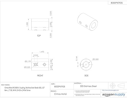 Climax Metal RC-050-S Coupling, Stainless Steel Grade 303, 1/2' Bore , 1' OD, With 1/4-20 x 1/4 Set Screw - Poueer