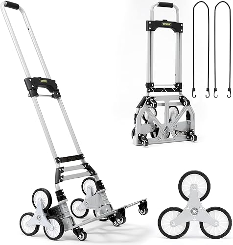 VEVOR Stair Climbing Cart, 440 lbs Capacity Stair Climber Hand Truck and Dolly, Heavy-Duty Folding Trolley Cart with Dual Handle, 6 Wheels & 2 Elastic Ropes for Home Office Shopping Moving Warehouse - Poueer