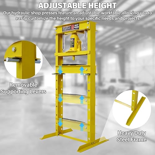 6 Ton Hydraulic Press, H-Frame Garage Floor Adjustable Shop Press with Built-in Relief Valve Pressure Gauge, Hydraulic Shop Press to Bend Straighten Press Parts Install Bearings U-Joints, Red - Poueer