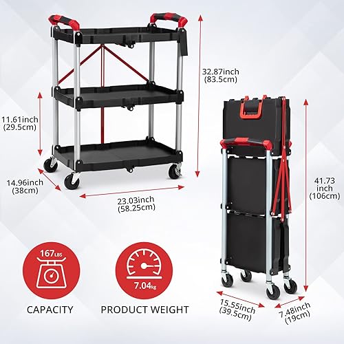 Garvee Mobile Folding Trolley, Portable Service Cart, 3 Tier Utility Cart, Collapsible Utility Carts for Office, Warehouse, and Home, 56 Lbs Load Capacity per Shelf - Poueer