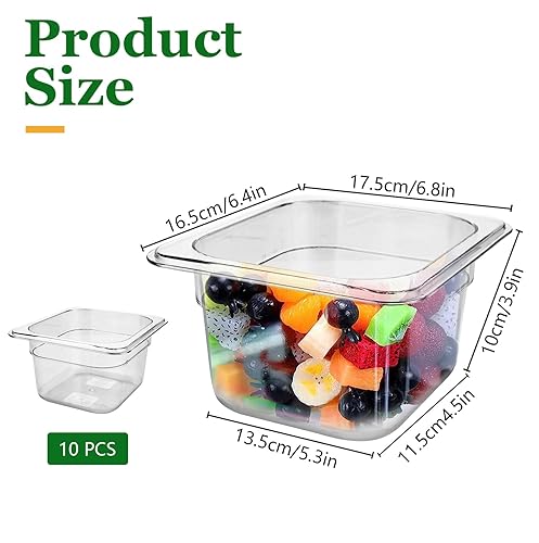 SHUESS 10 Pack Clear Plastic Food Pans, 1/6 Size 4'' Deep Stackable PET Pan with Capacity Indicator, Square Commercial Food Storage Containers for Fruits Vegetables Corns Beans - Poueer