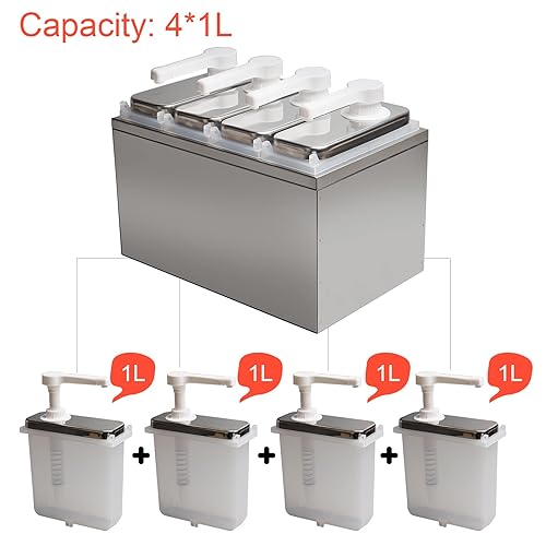 Condiment Pump Dispenser, Stainless Steel Ketchup Pump Dispenser with Measuring Jigger Set-Detachable Leak-Proof Design|for Sauce Honey Syrup Dressing|Commercial & Home Kitchen Use (2L-4jars) - Poueer