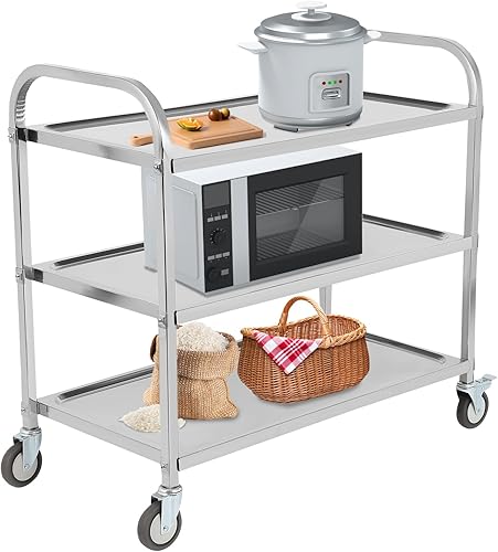 FAHKNS Stainless Steel Cart, 37.2' L X 19.2' W X 36.4' H 3 Layers Stainless Steel with Wheels, 330 LBS Weight Capacity, Rolling Cart with Lockable Universal Wheels, for Kitchen, Lab, Clinic, Salon - Poueer