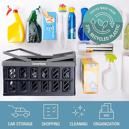 CleverMade Collapsible Shopping Basket, Ocean, 3PK - 24L (6 Gal) Reusable Plastic Grocery Shopping Baskets, Holds 25lbs Per Basket - Small Foldable Storage Crates with Handles - Poueer